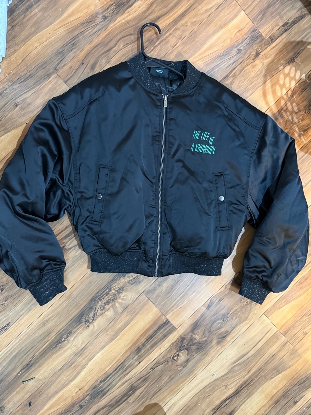 Taylor Swift Black Satin Bomber Jacket with Teal Embroidery